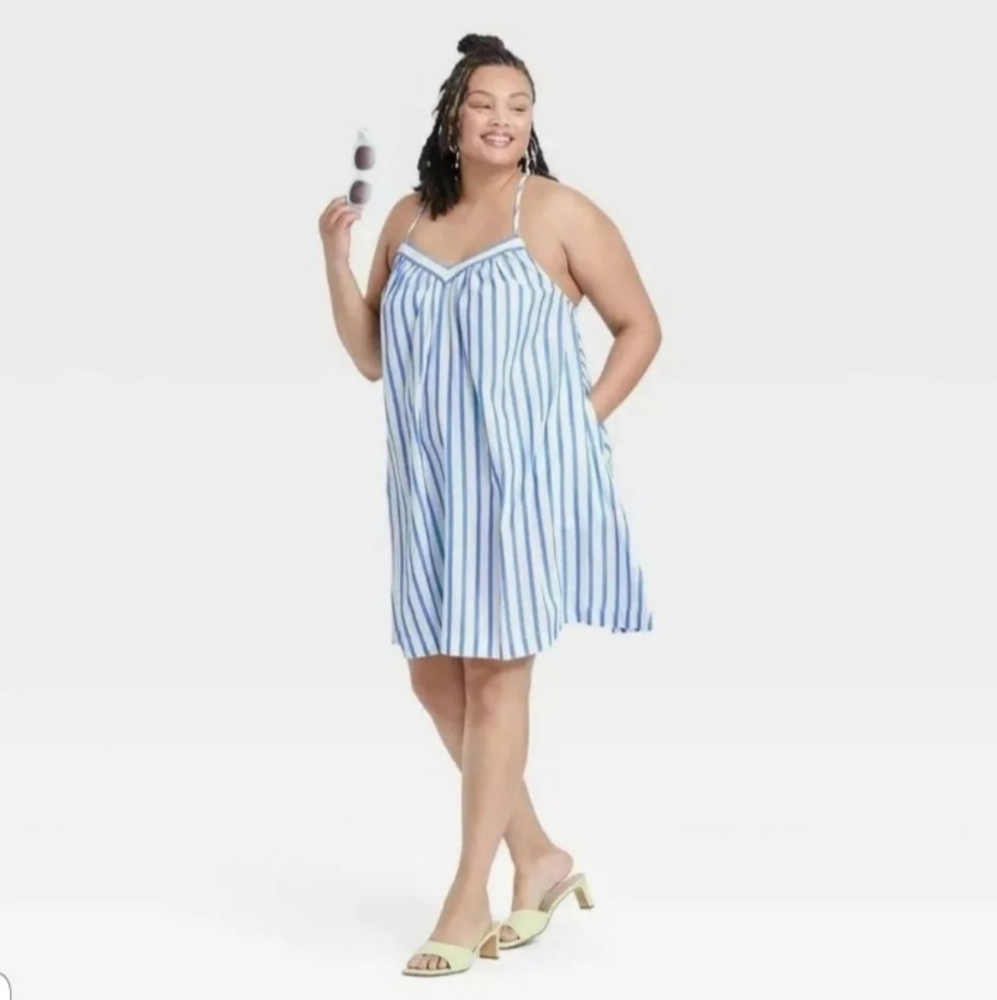 Ava n viv Lightweight sundress crisscross white and blue stripes 3XL